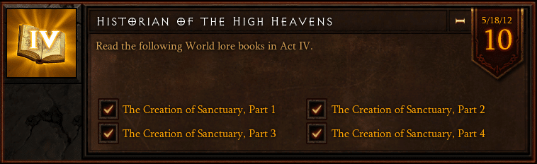 Act IV Achievement - Historian of the High Heavens - World Lore Books