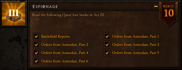 Espionage - Diablo III Act III Quest Lore Book Achievement
